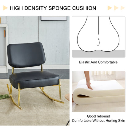 PU material cushioned rocking chair,unique rocking chair, cushioned seat, black backrest rocking chair, and gold metal legs.Comfortable side chairs in the living room, bedroom, and office