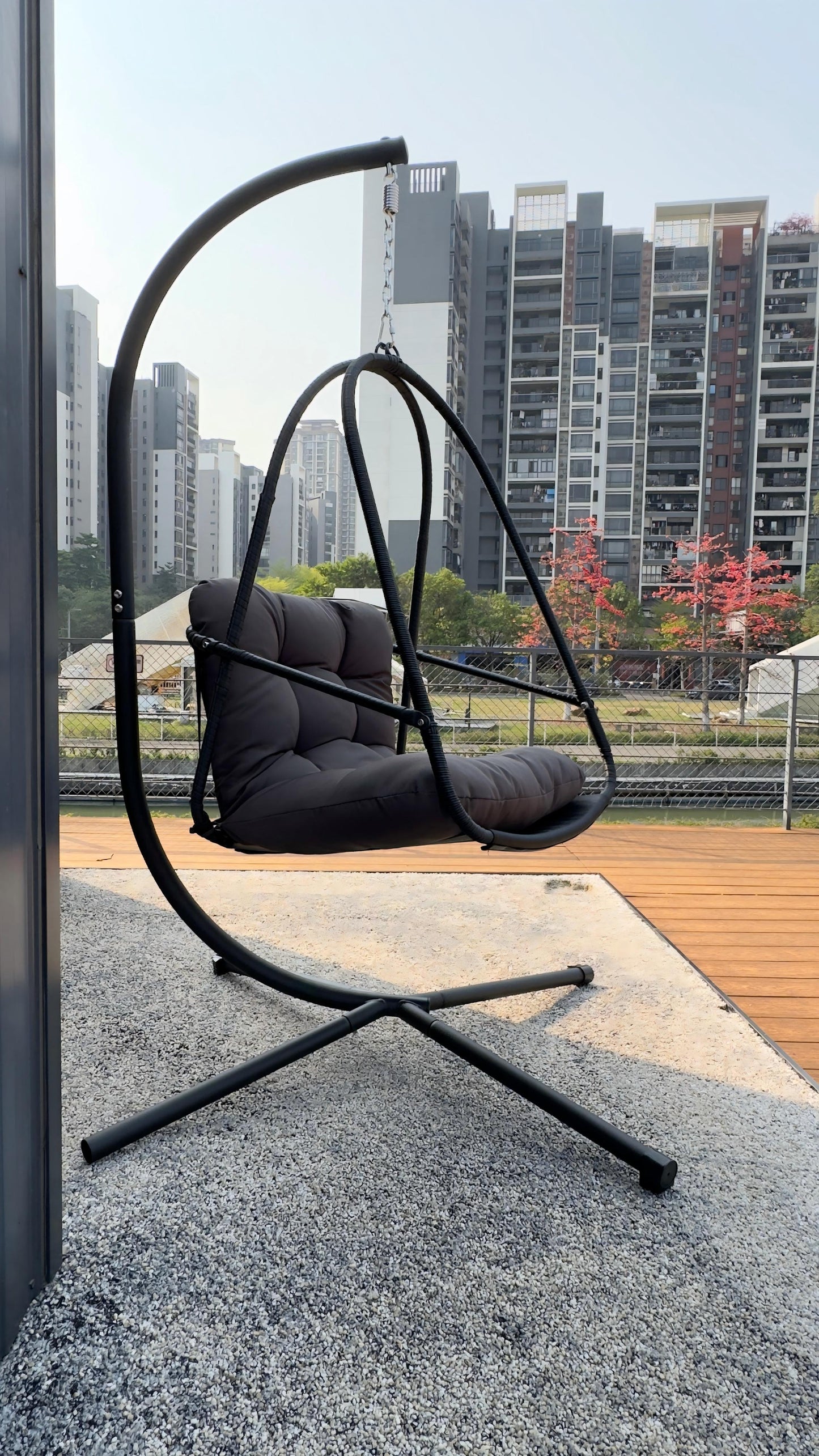 Swing Egg Chair with Stand Indoor Outdoor Wicker Rattan Patio Basket Hanging Chair with C Type bracket , with cushion and pillow,Patio Wicker folding Hanging Chair( Special construction cup holder