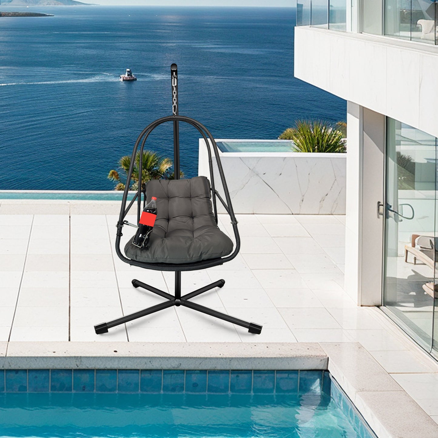 Swing Egg Chair with Stand Indoor Outdoor Wicker Rattan Patio Basket Hanging Chair with C Type bracket , with cushion and pillow,Patio Wicker folding Hanging Chair( Special construction cup holder