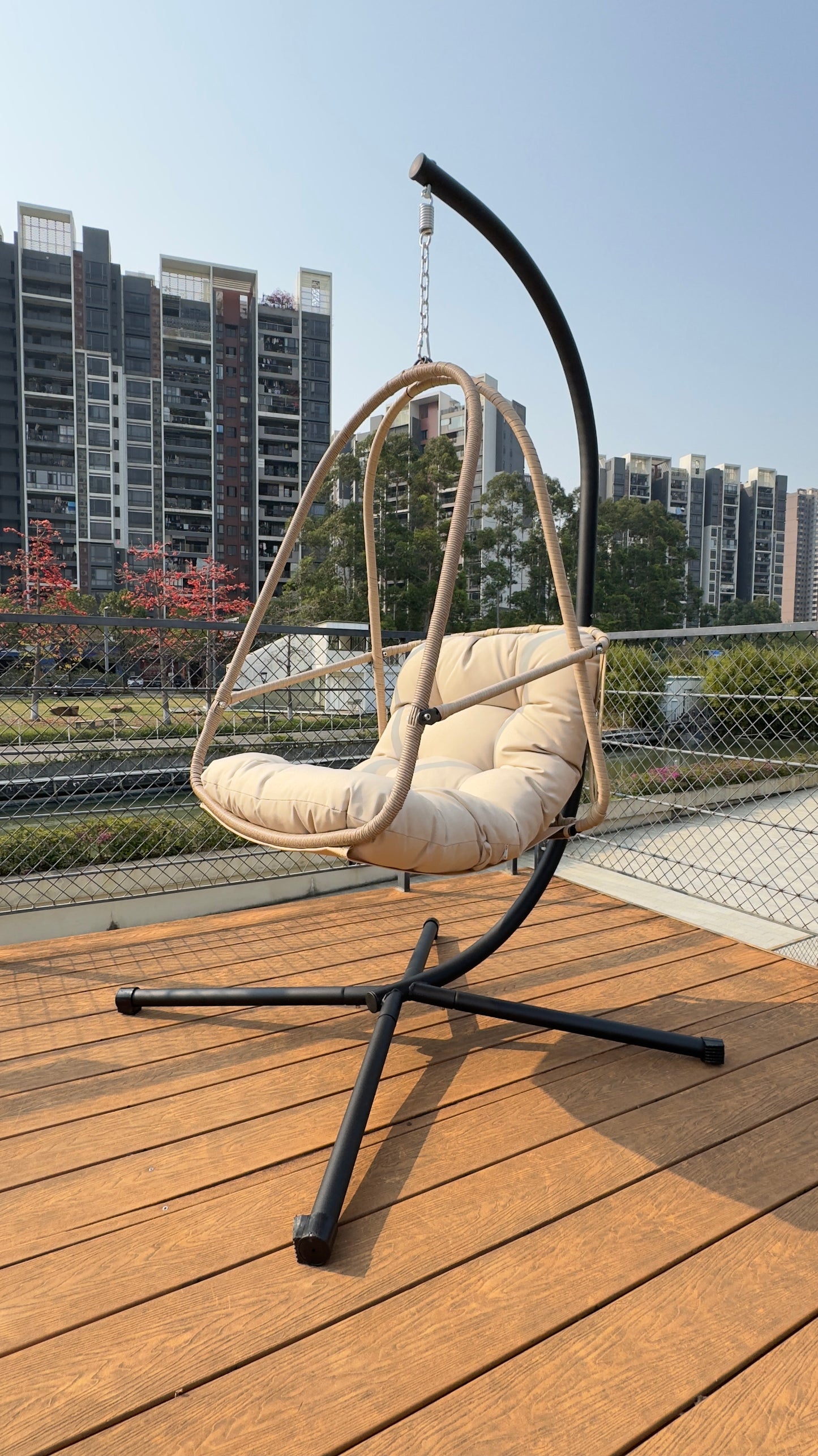Swing Egg Chair with Stand Indoor Outdoor Wicker Rattan Patio Basket Hanging Chair with C Type bracket , with cushion and pillow,Patio Wicker folding Hanging Chair( Special construction cup holder
