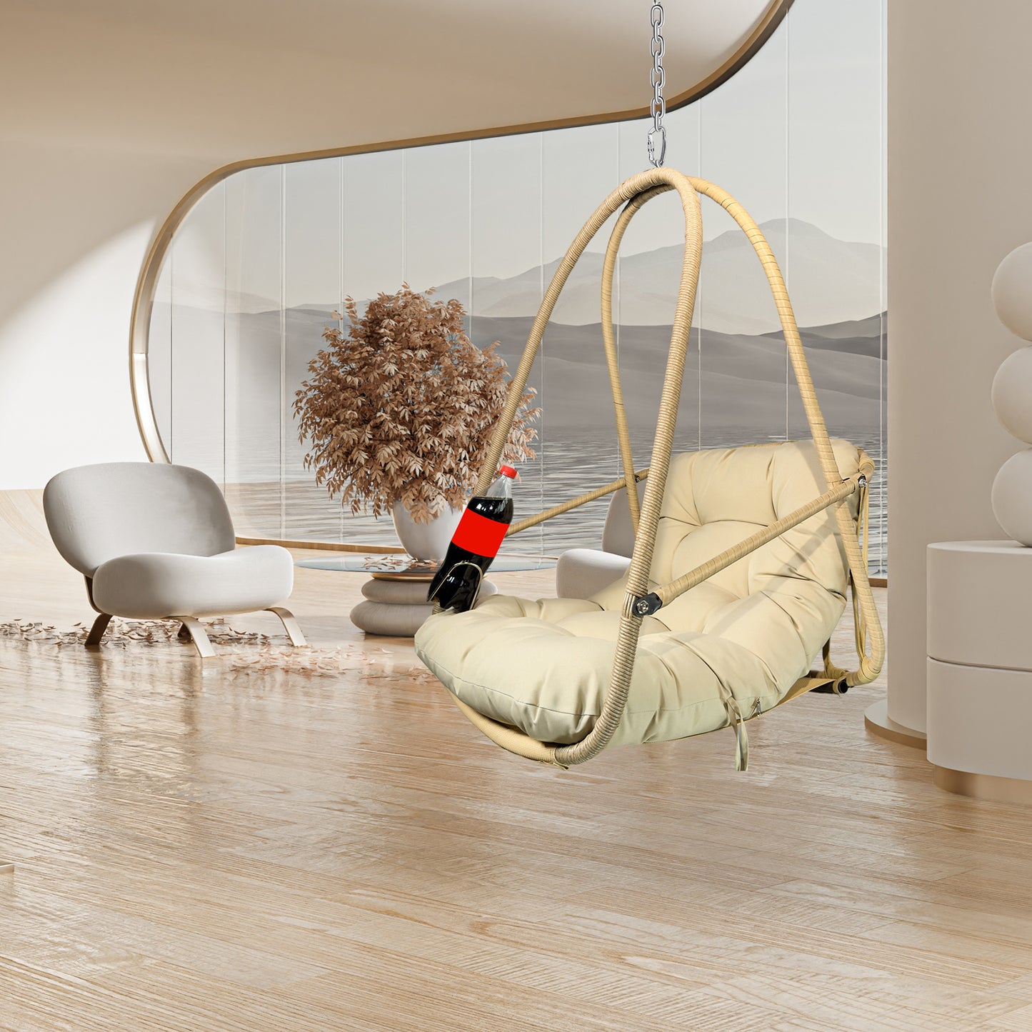 Swing Egg Chair with Stand Indoor Outdoor Wicker Rattan Patio Basket Hanging Chair with C Type bracket , with cushion and pillow,Patio Wicker folding Hanging Chair( Special construction cup holder