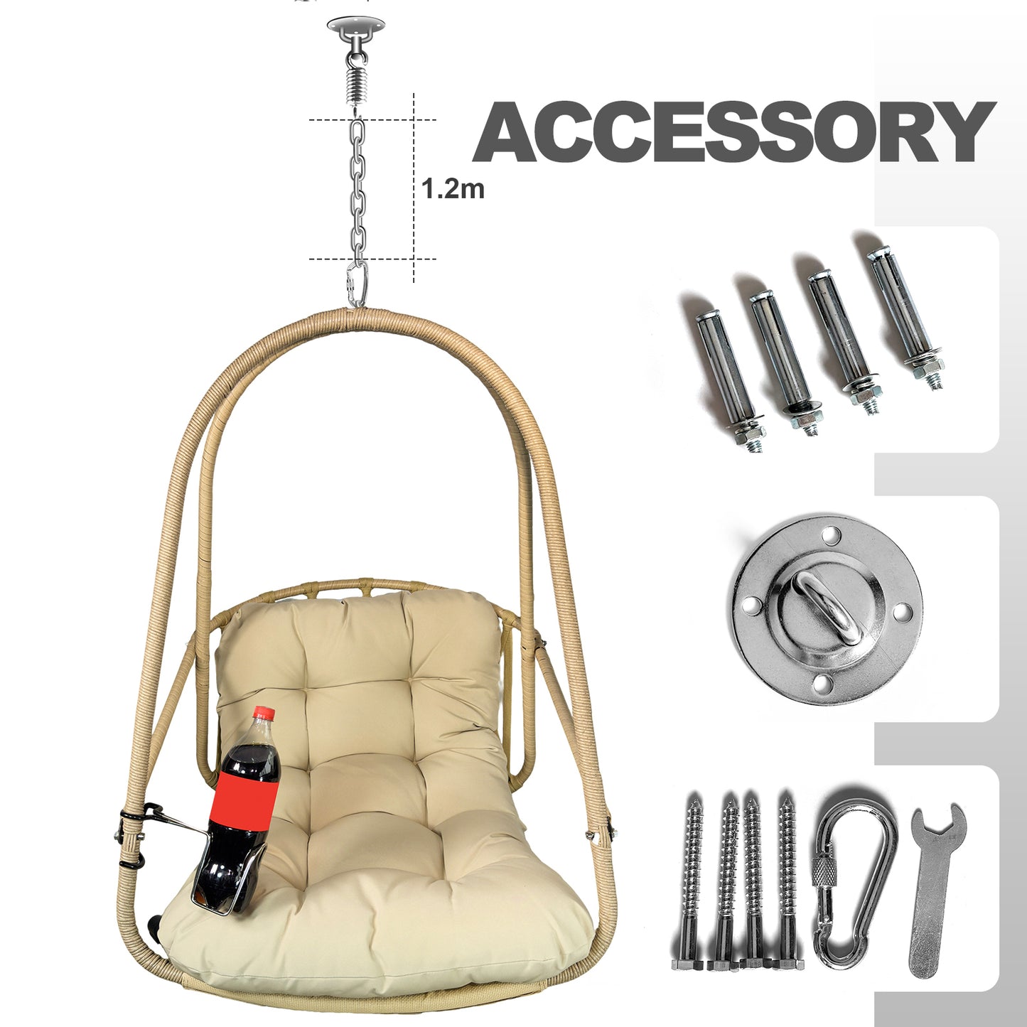 Swing Egg Chair with Stand Indoor Outdoor Wicker Rattan Patio Basket Hanging Chair with C Type bracket , with cushion and pillow,Patio Wicker folding Hanging Chair( Special construction cup holder