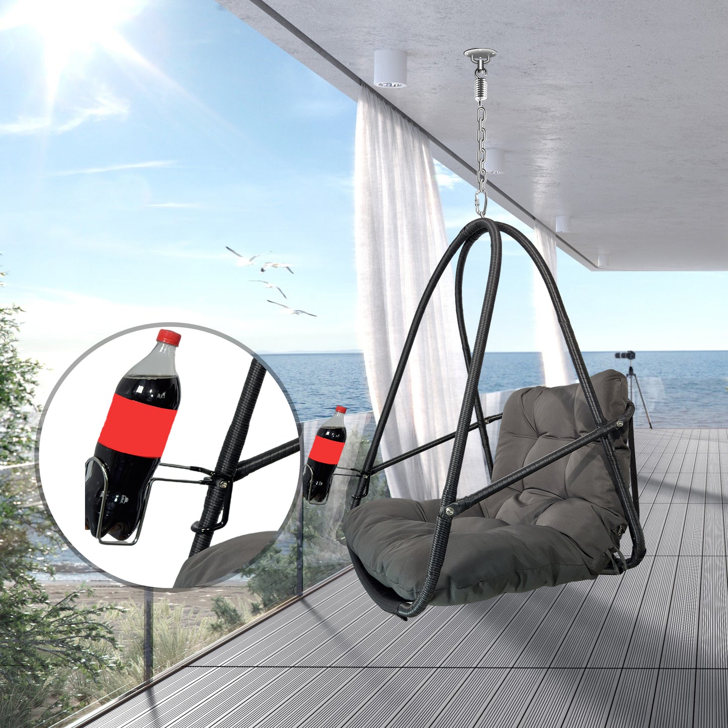 Swing Egg Chair with Stand Indoor Outdoor Wicker Rattan Patio Basket Hanging Chair with C Type bracket , with cushion and pillow,Patio Wicker folding Hanging Chair( Special construction cup holder