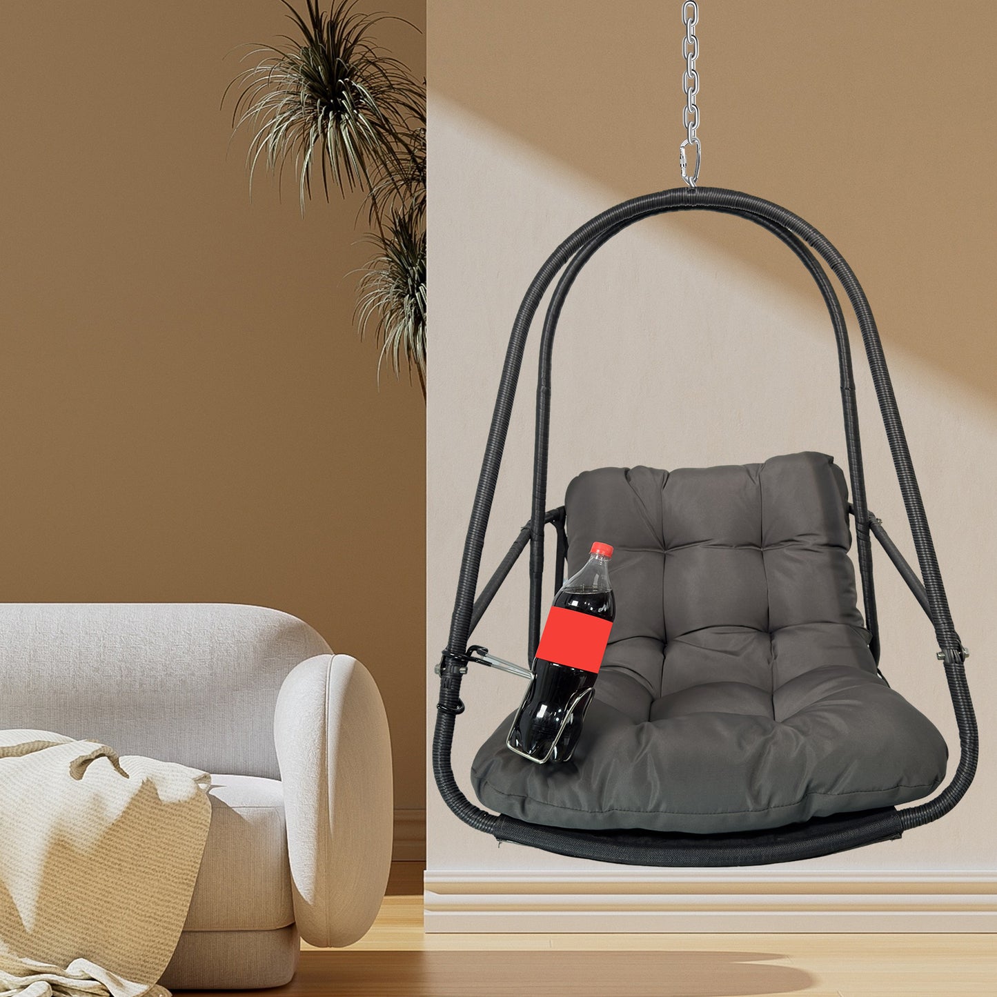 Swing Egg Chair with Stand Indoor Outdoor Wicker Rattan Patio Basket Hanging Chair with C Type bracket , with cushion and pillow,Patio Wicker folding Hanging Chair( Special construction cup holder