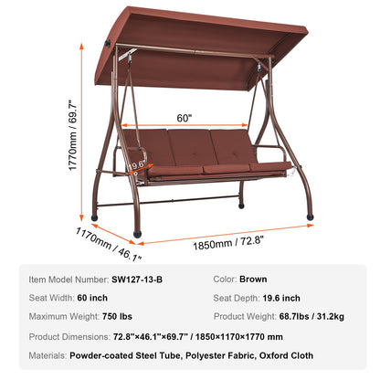 VEVOR 3-Seat Patio Swing Chair, Converting Canopy Swing, Outdoor Patio Porch with Adjustable Canopy, Removable Thick Cushion and Alloy Steel Frame, for Balcony, Backyard, Poolside, Brown