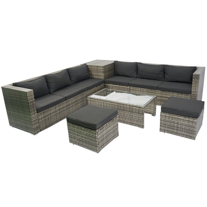 8 Piece Patio Sectional Wicker Rattan Outdoor Furniture Sofa Set with One Storage Box Under Seat and Cushion Box Grey wicker + Black Cushion + Clear Glass Top