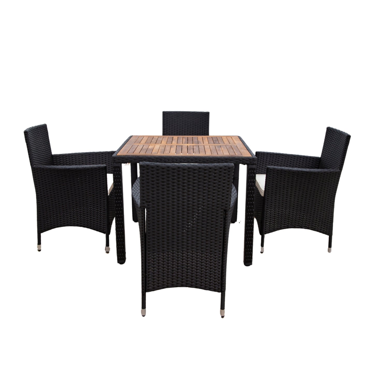 5 piece Outdoor Patio Wicker Dining Set Patio Wicker Furniture Dining Set w/Acacia Wood Top Black Wicker + Creme Cushion