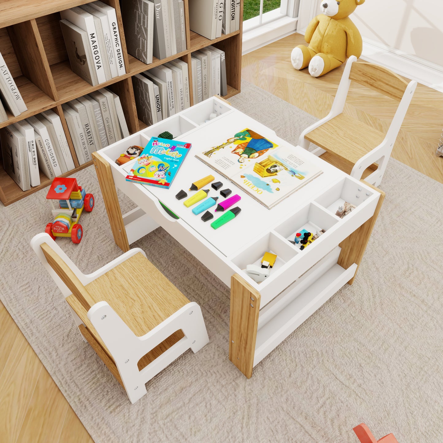 Kids 2 in 1 Play Table & 2 Chairs Set,with 7 Storage Compartments,Compatible with LEGO Building Block,Modern Activity Learning Table Game Furniture-White