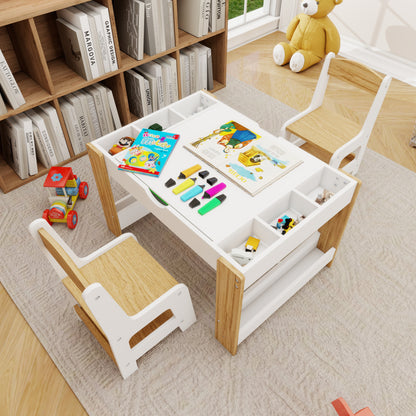Kids 2 in 1 Play Table & 2 Chairs Set,with 7 Storage Compartments,Compatible with LEGO Building Block,Modern Activity Learning Table Game Furniture-White