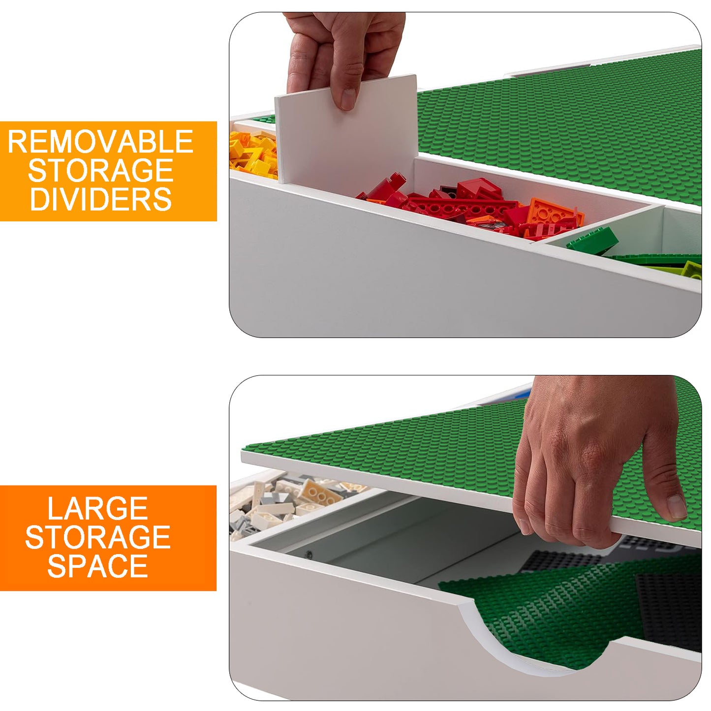 Kids 2 in 1 Play Table & 2 Chairs Set,with 7 Storage Compartments,Compatible with LEGO Building Block,Modern Activity Learning Table Game Furniture-White