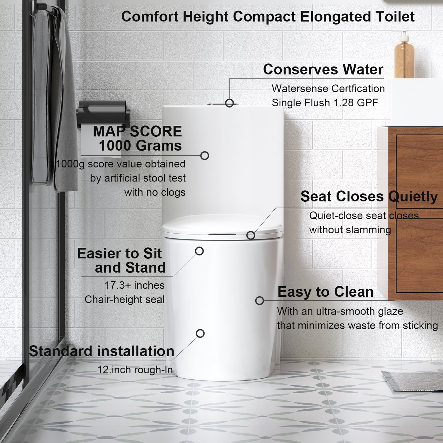 1.1/1.6 GPF Tornado Flush One-Piece Toilet for bathrooms,Siphonic S-trap 12",Elongated Bowl with Soft Close Seat,Powerful Dual Flush MAP 1000g,Comfort Chair Seat ADA Height 17",Glossy White GW-001