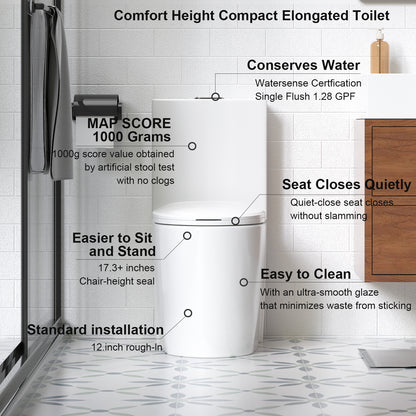 1.1/1.6 GPF Tornado Flush One-Piece Toilet for bathrooms,Siphonic S-trap 12",Elongated Bowl with Soft Close Seat,Powerful Dual Flush MAP 1000g,Comfort Chair Seat ADA Height 17",Glossy White GW-001