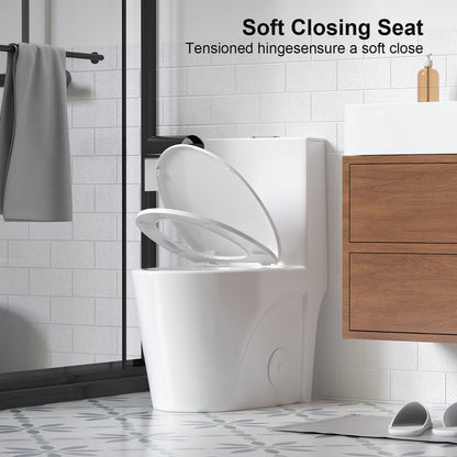 1.1/1.6 GPF Tornado Flush One-Piece Toilet for bathrooms,Siphonic S-trap 12",Elongated Bowl with Soft Close Seat,Powerful Dual Flush MAP 1000g,Comfort Chair Seat ADA Height 17",Glossy White GW-001