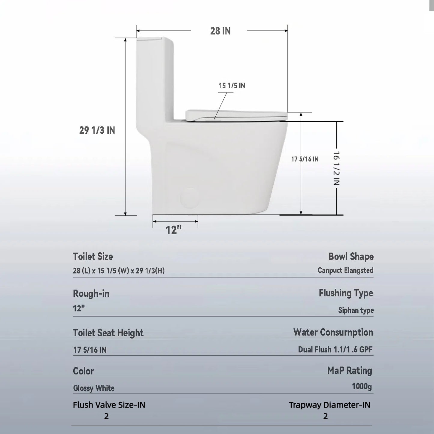 1.1/1.6 GPF Tornado Flush One-Piece Toilet for bathrooms,Siphonic S-trap 12",Elongated Bowl with Soft Close Seat,Powerful Dual Flush MAP 1000g,Comfort Chair Seat ADA Height 17",Glossy White GW-001