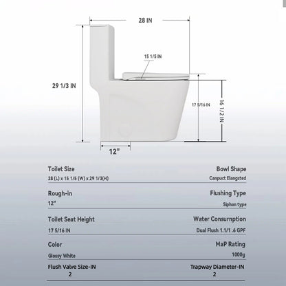 1.1/1.6 GPF Tornado Flush One-Piece Toilet for bathrooms,Siphonic S-trap 12",Elongated Bowl with Soft Close Seat,Powerful Dual Flush MAP 1000g,Comfort Chair Seat ADA Height 17",Glossy White GW-001