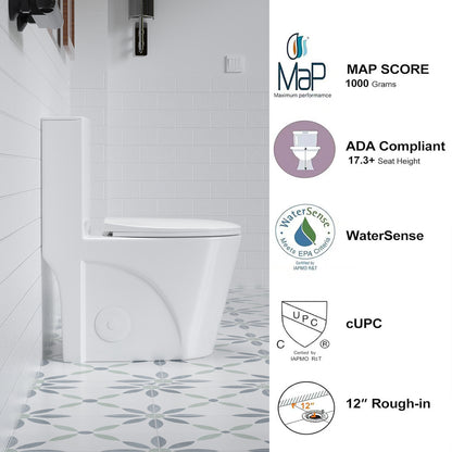 1.1/1.6 GPF Tornado Flush One-Piece Toilet for bathrooms,Siphonic S-trap 12",Elongated Bowl with Soft Close Seat,Powerful Dual Flush MAP 1000g,Comfort Chair Seat ADA Height 17",Glossy White GW-001