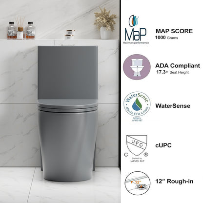 1.1/1.6 GPF Tornado Flush One-Piece Toilet for bathrooms,Siphonic S-trap 12",Elongated Bowl with Soft Close Seat,Powerful Dual Flush MAP 1000g,Comfort Chair Seat ADA Height 17", Light gray LG-001