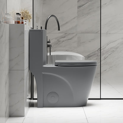 1.1/1.6 GPF Tornado Flush One-Piece Toilet for bathrooms,Siphonic S-trap 12",Elongated Bowl with Soft Close Seat,Powerful Dual Flush MAP 1000g,Comfort Chair Seat ADA Height 17", Light gray LG-001