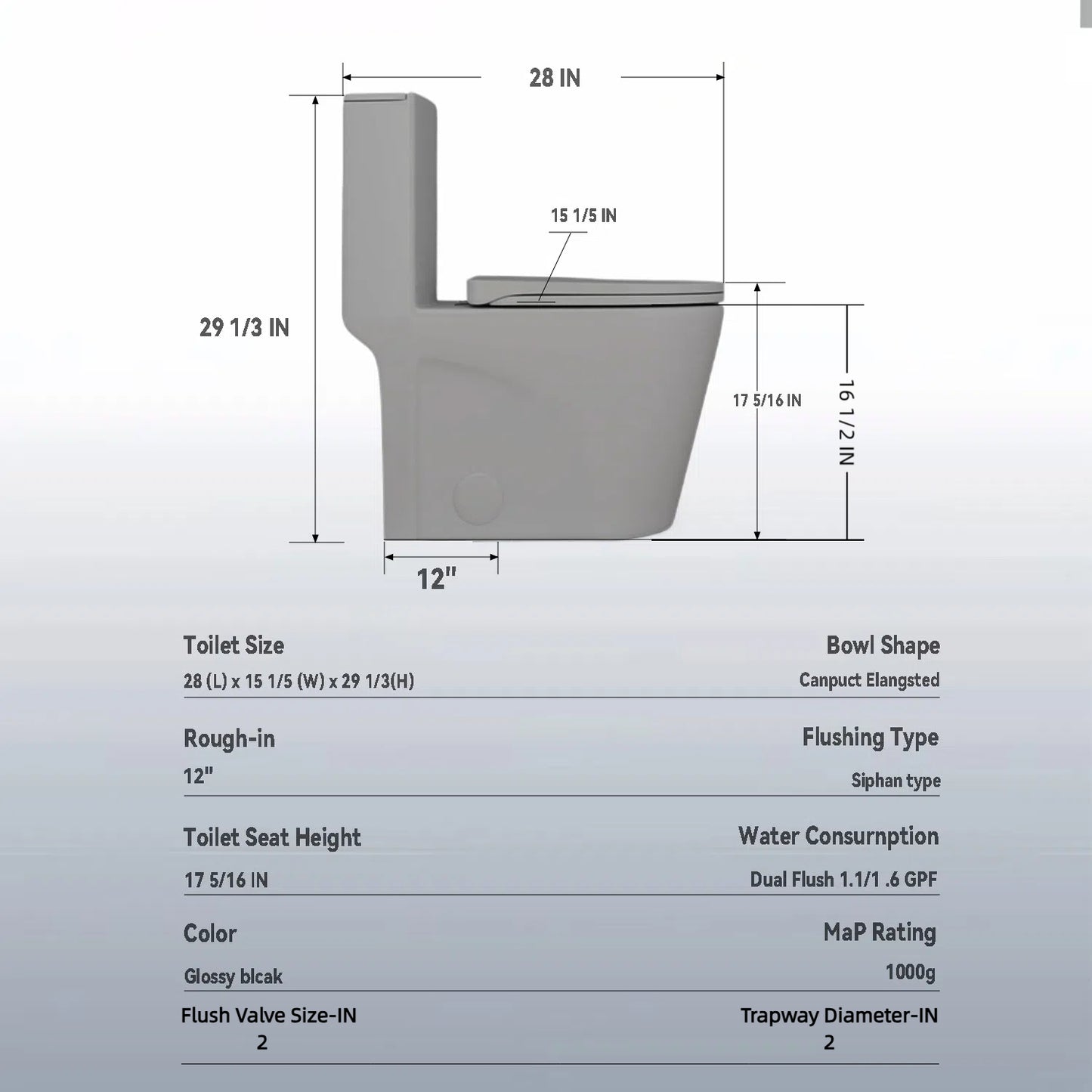 1.1/1.6 GPF Tornado Flush One-Piece Toilet for bathrooms,Siphonic S-trap 12",Elongated Bowl with Soft Close Seat,Powerful Dual Flush MAP 1000g,Comfort Chair Seat ADA Height 17", Light gray LG-001