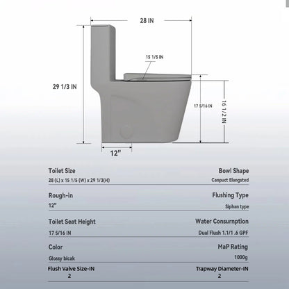 1.1/1.6 GPF Tornado Flush One-Piece Toilet for bathrooms,Siphonic S-trap 12",Elongated Bowl with Soft Close Seat,Powerful Dual Flush MAP 1000g,Comfort Chair Seat ADA Height 17", Light gray LG-001