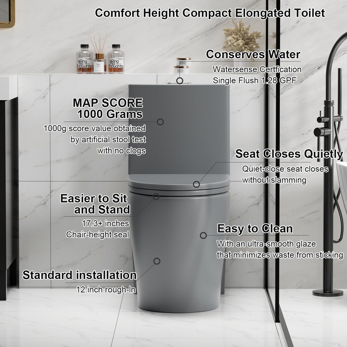 1.1/1.6 GPF Tornado Flush One-Piece Toilet for bathrooms,Siphonic S-trap 12",Elongated Bowl with Soft Close Seat,Powerful Dual Flush MAP 1000g,Comfort Chair Seat ADA Height 17", Light gray LG-001