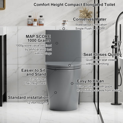 1.1/1.6 GPF Tornado Flush One-Piece Toilet for bathrooms,Siphonic S-trap 12",Elongated Bowl with Soft Close Seat,Powerful Dual Flush MAP 1000g,Comfort Chair Seat ADA Height 17", Light gray LG-001