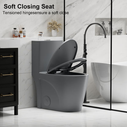 1.1/1.6 GPF Tornado Flush One-Piece Toilet for bathrooms,Siphonic S-trap 12",Elongated Bowl with Soft Close Seat,Powerful Dual Flush MAP 1000g,Comfort Chair Seat ADA Height 17", Light gray LG-001