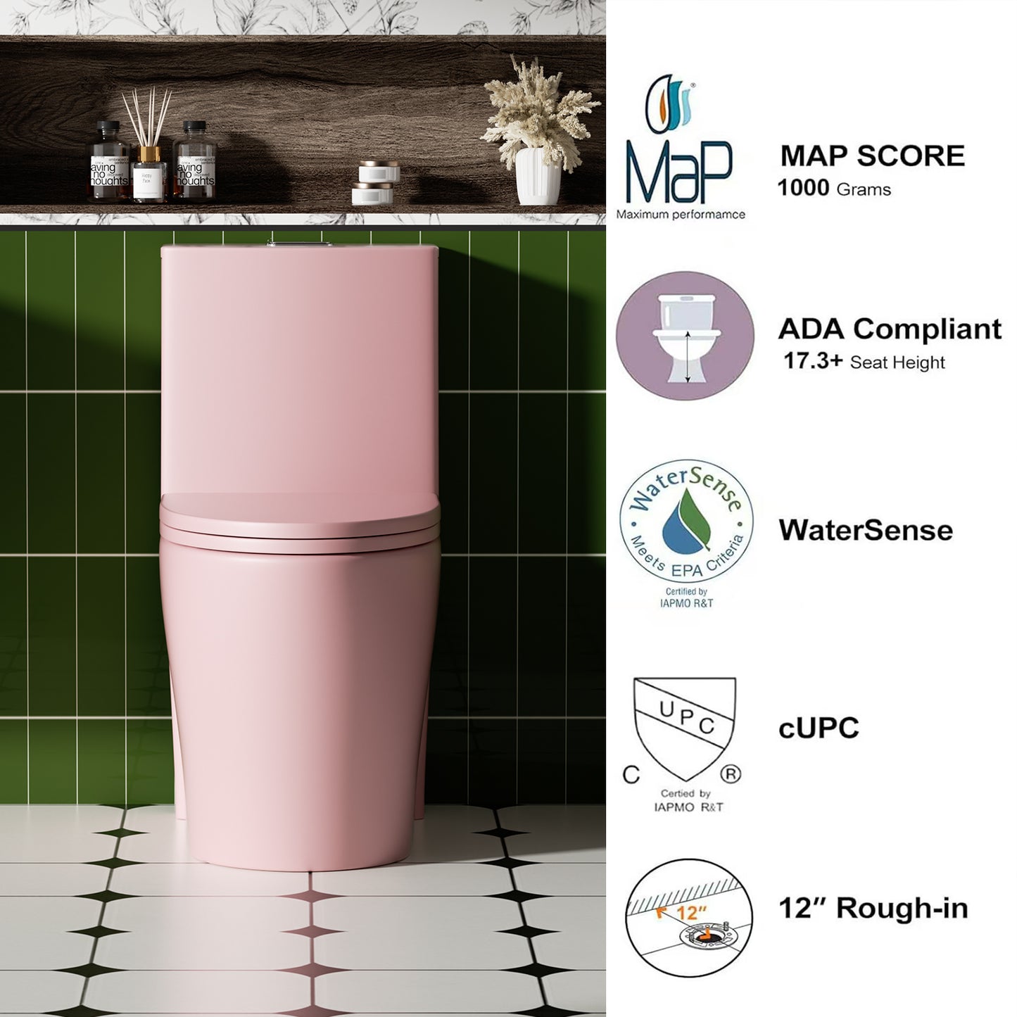 1.1/1.6 GPF Tornado Flush One-Piece Toilet for bathrooms,Siphonic S-trap 12",Elongated Bowl with Soft Close Seat,Powerful Dual Flush MAP 1000g,Comfort Chair Seat ADA Height 17", Pink PF-001