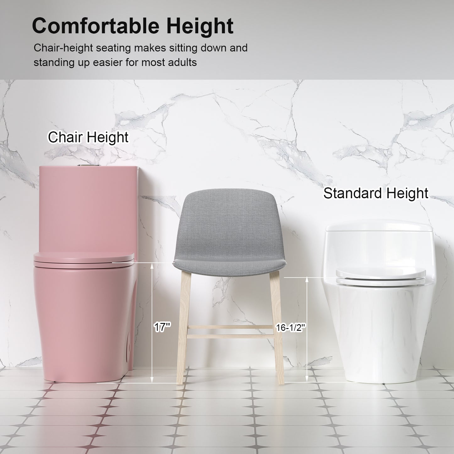 1.1/1.6 GPF Tornado Flush One-Piece Toilet for bathrooms,Siphonic S-trap 12",Elongated Bowl with Soft Close Seat,Powerful Dual Flush MAP 1000g,Comfort Chair Seat ADA Height 17", Pink PF-001