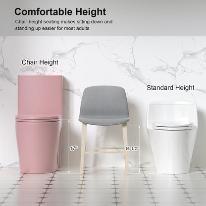 1.1/1.6 GPF Tornado Flush One-Piece Toilet for bathrooms,Siphonic S-trap 12",Elongated Bowl with Soft Close Seat,Powerful Dual Flush MAP 1000g,Comfort Chair Seat ADA Height 17", Pink PF-001