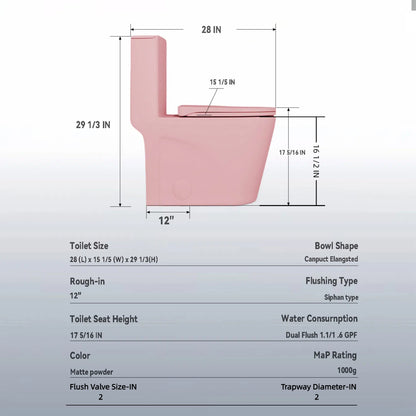 1.1/1.6 GPF Tornado Flush One-Piece Toilet for bathrooms,Siphonic S-trap 12",Elongated Bowl with Soft Close Seat,Powerful Dual Flush MAP 1000g,Comfort Chair Seat ADA Height 17", Pink PF-001