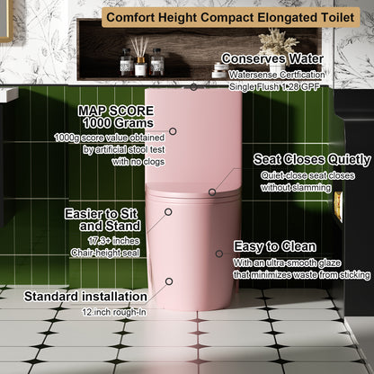 1.1/1.6 GPF Tornado Flush One-Piece Toilet for bathrooms,Siphonic S-trap 12",Elongated Bowl with Soft Close Seat,Powerful Dual Flush MAP 1000g,Comfort Chair Seat ADA Height 17", Pink PF-001