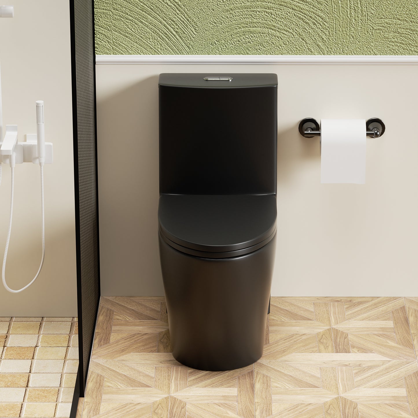 1.1/1.6 GPF Tornado Flush One-Piece Toilet for bathrooms,Siphonic S-trap 12",Elongated Bowl with Soft Close Seat,Powerful Dual Flush MAP 1000g,Comfort Chair Seat ADA Height 17", Matte black MB-001