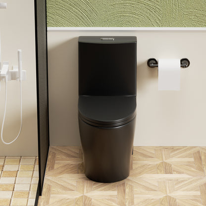 1.1/1.6 GPF Tornado Flush One-Piece Toilet for bathrooms,Siphonic S-trap 12",Elongated Bowl with Soft Close Seat,Powerful Dual Flush MAP 1000g,Comfort Chair Seat ADA Height 17", Matte black MB-001