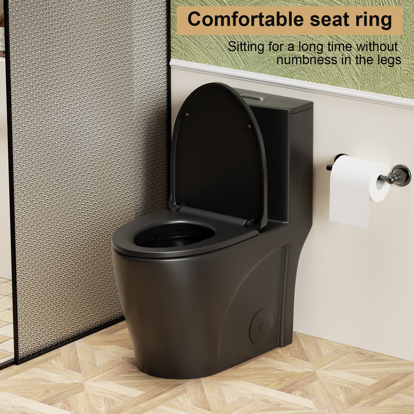 1.1/1.6 GPF Tornado Flush One-Piece Toilet for bathrooms,Siphonic S-trap 12",Elongated Bowl with Soft Close Seat,Powerful Dual Flush MAP 1000g,Comfort Chair Seat ADA Height 17", Matte black MB-001
