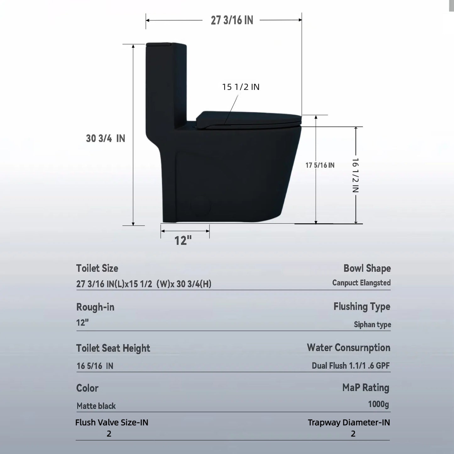 1.1/1.6 GPF Tornado Flush One-Piece Toilet for bathrooms,Siphonic S-trap 12",Elongated Bowl with Soft Close Seat,Powerful Dual Flush MAP 1000g,Comfort Chair Seat ADA Height 17", Matte black MB-001