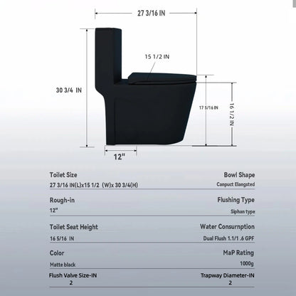 1.1/1.6 GPF Tornado Flush One-Piece Toilet for bathrooms,Siphonic S-trap 12",Elongated Bowl with Soft Close Seat,Powerful Dual Flush MAP 1000g,Comfort Chair Seat ADA Height 17", Matte black MB-001