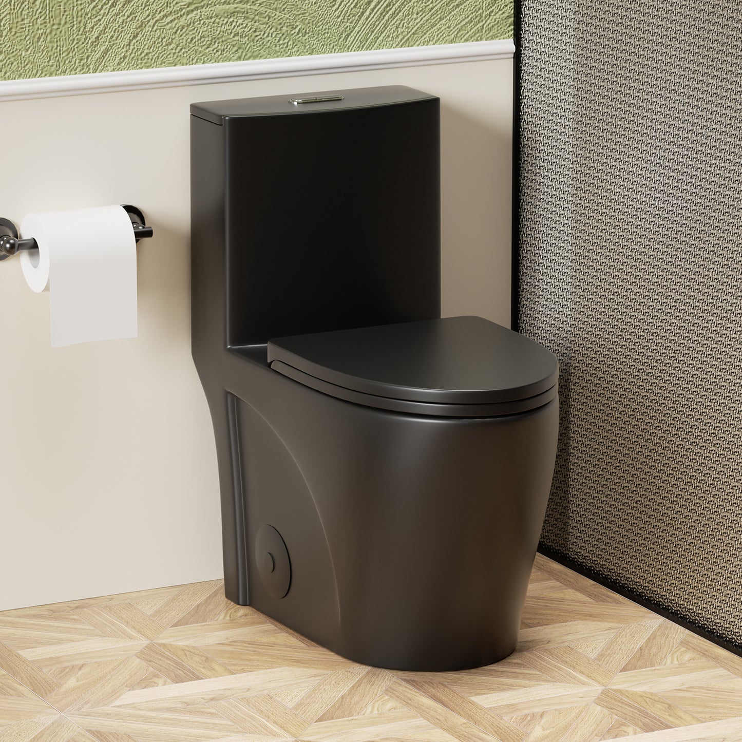 1.1/1.6 GPF Tornado Flush One-Piece Toilet for bathrooms,Siphonic S-trap 12",Elongated Bowl with Soft Close Seat,Powerful Dual Flush MAP 1000g,Comfort Chair Seat ADA Height 17", Matte black MB-001