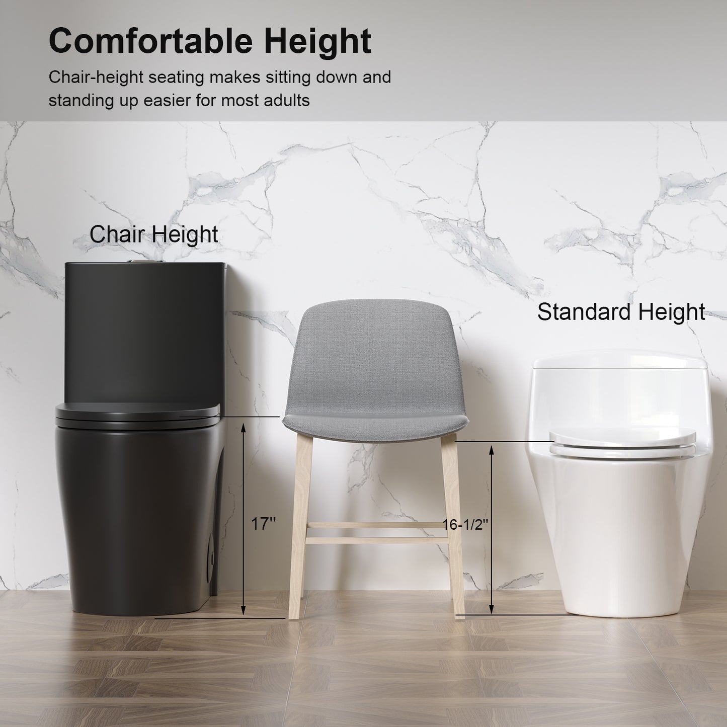 1.1/1.6 GPF Tornado Flush One-Piece Toilet for bathrooms,Siphonic S-trap 12",Elongated Bowl with Soft Close Seat,Powerful Dual Flush MAP 1000g,Comfort Chair Seat ADA Height 17", Matte black MB-001