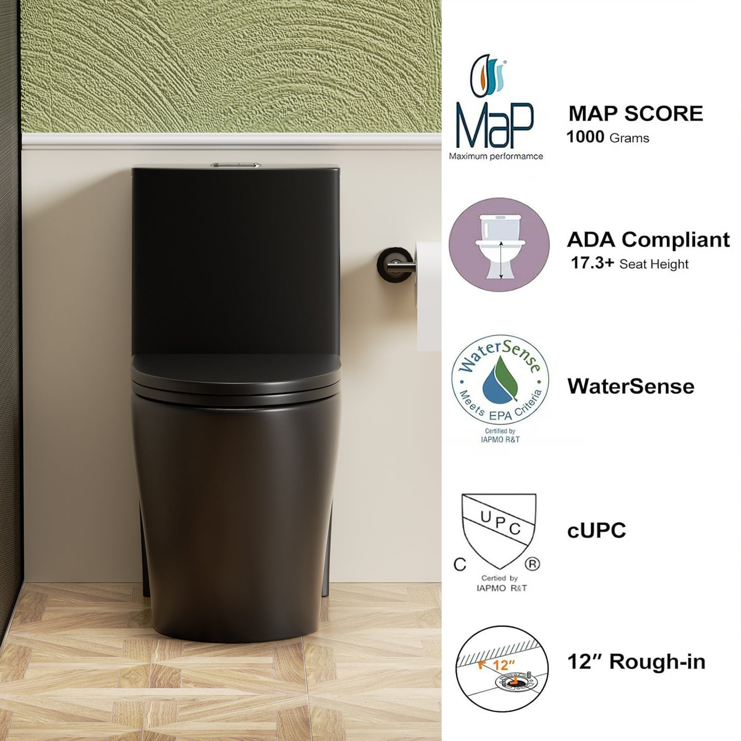 1.1/1.6 GPF Tornado Flush One-Piece Toilet for bathrooms,Siphonic S-trap 12",Elongated Bowl with Soft Close Seat,Powerful Dual Flush MAP 1000g,Comfort Chair Seat ADA Height 17", Matte black MB-001