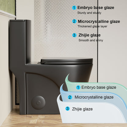 1.1/1.6 GPF Tornado Flush One-Piece Toilet for bathrooms,Siphonic S-trap 12",Elongated Bowl with Soft Close Seat,Powerful Dual Flush MAP 1000g,Comfort Chair Seat ADA Height 17", Matte black MB-001