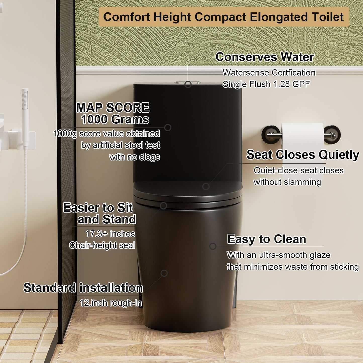 1.1/1.6 GPF Tornado Flush One-Piece Toilet for bathrooms,Siphonic S-trap 12",Elongated Bowl with Soft Close Seat,Powerful Dual Flush MAP 1000g,Comfort Chair Seat ADA Height 17", Matte black MB-001