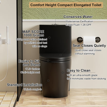 1.1/1.6 GPF Tornado Flush One-Piece Toilet for bathrooms,Siphonic S-trap 12",Elongated Bowl with Soft Close Seat,Powerful Dual Flush MAP 1000g,Comfort Chair Seat ADA Height 17", Matte black MB-001