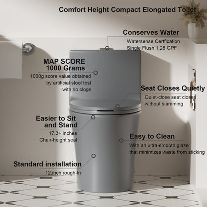 1.1/1.6 GPF Tornado Flush One-Piece Toilet Elongated, Siphonic S-trap 12",Soft Closing Seat, Button on Tank top ,Powerful Dual Flush MAP 1000g, Comfort Chair Seat ADA Height 17", Light gray LG-002