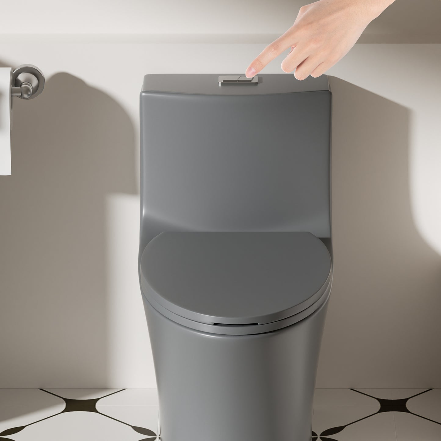 1.1/1.6 GPF Tornado Flush One-Piece Toilet Elongated, Siphonic S-trap 12",Soft Closing Seat, Button on Tank top ,Powerful Dual Flush MAP 1000g, Comfort Chair Seat ADA Height 17", Light gray LG-002