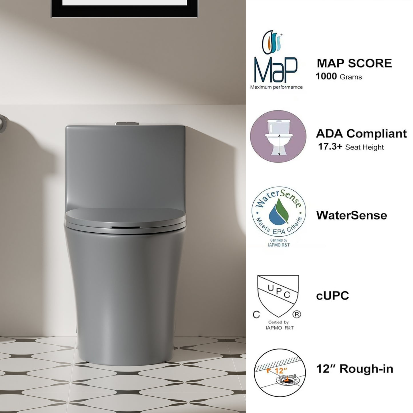 1.1/1.6 GPF Tornado Flush One-Piece Toilet Elongated, Siphonic S-trap 12",Soft Closing Seat, Button on Tank top ,Powerful Dual Flush MAP 1000g, Comfort Chair Seat ADA Height 17", Light gray LG-002