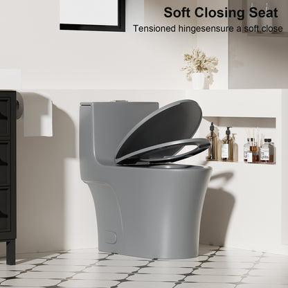 1.1/1.6 GPF Tornado Flush One-Piece Toilet Elongated, Siphonic S-trap 12",Soft Closing Seat, Button on Tank top ,Powerful Dual Flush MAP 1000g, Comfort Chair Seat ADA Height 17", Light gray LG-002