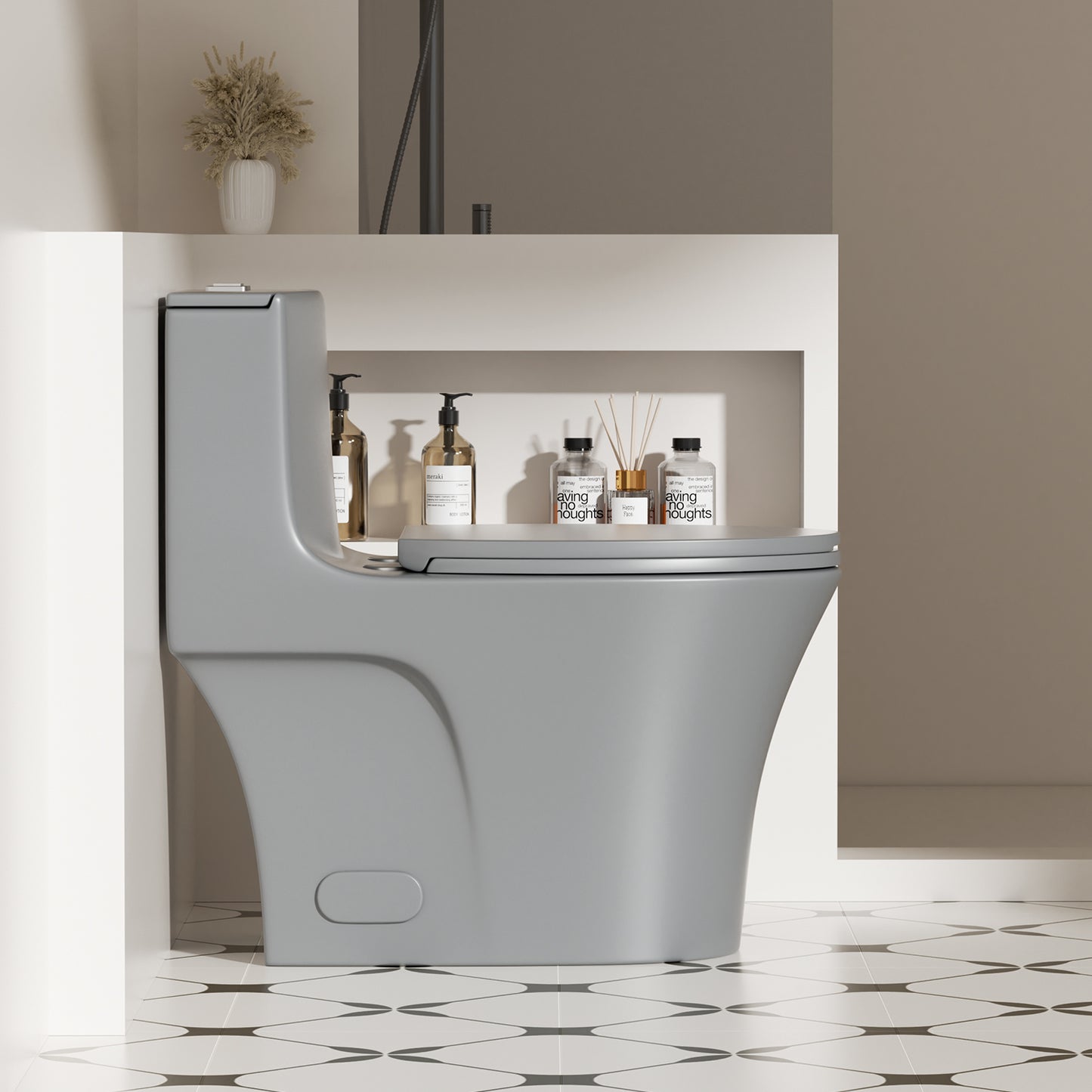 1.1/1.6 GPF Tornado Flush One-Piece Toilet Elongated, Siphonic S-trap 12",Soft Closing Seat, Button on Tank top ,Powerful Dual Flush MAP 1000g, Comfort Chair Seat ADA Height 17", Light gray LG-002