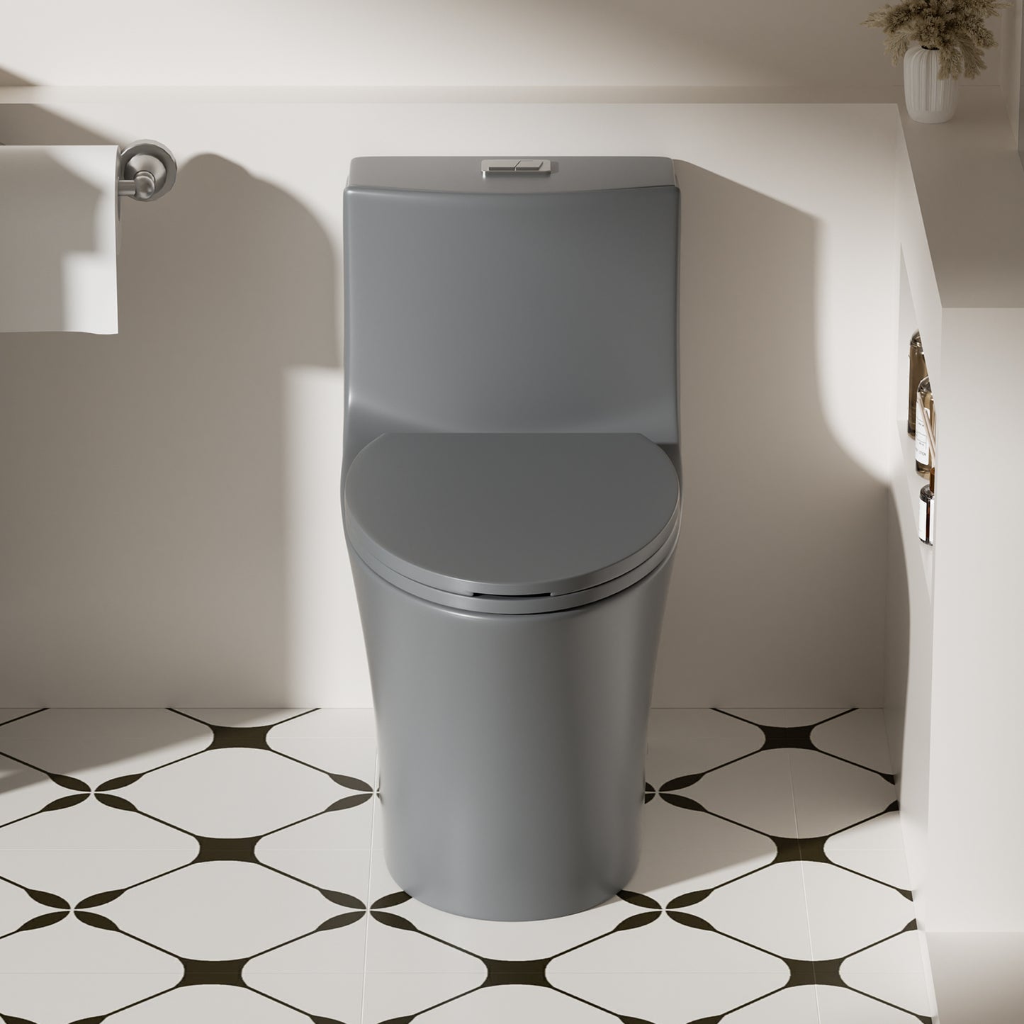 1.1/1.6 GPF Tornado Flush One-Piece Toilet Elongated, Siphonic S-trap 12",Soft Closing Seat, Button on Tank top ,Powerful Dual Flush MAP 1000g, Comfort Chair Seat ADA Height 17", Light gray LG-002