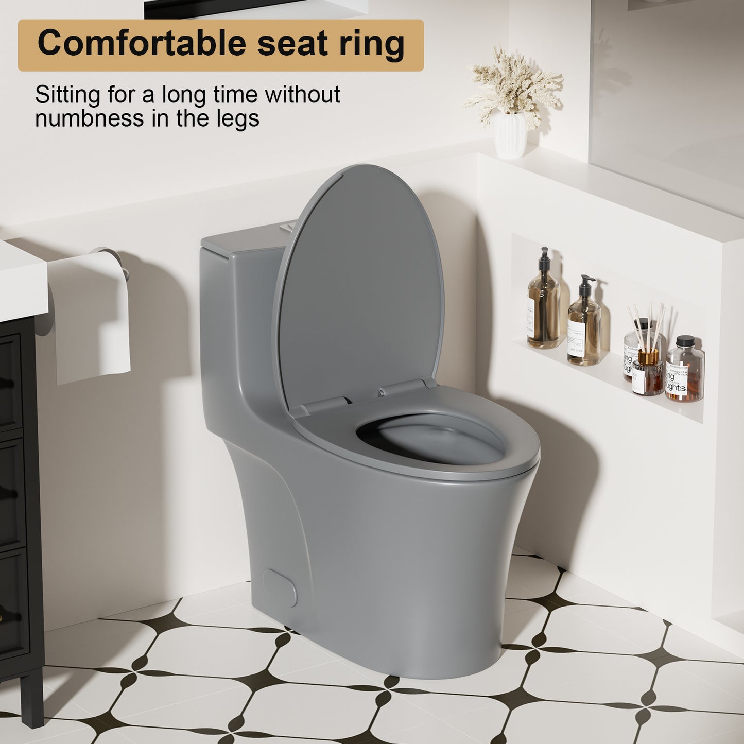 1.1/1.6 GPF Tornado Flush One-Piece Toilet Elongated, Siphonic S-trap 12",Soft Closing Seat, Button on Tank top ,Powerful Dual Flush MAP 1000g, Comfort Chair Seat ADA Height 17", Light gray LG-002